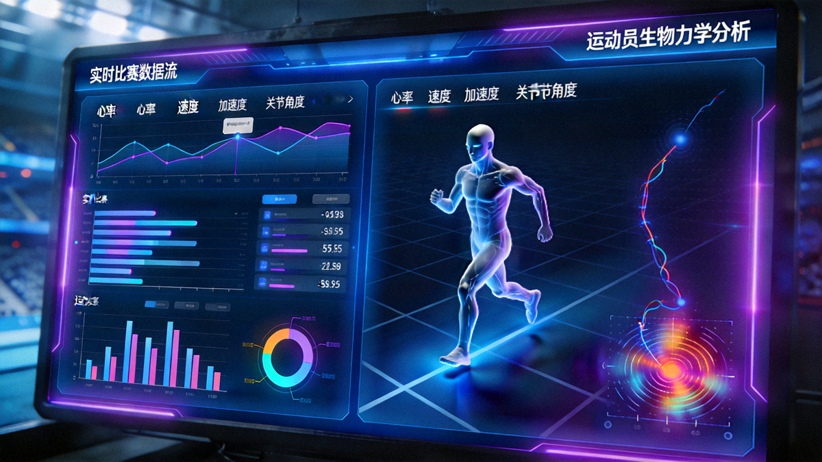 数字体育控制中心大屏幕，展示实时比赛数据流与运动员生物力学分析的可视化界面
